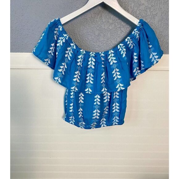 Elan Blue Ruffle Top Short Sleeve Peasant Style Blouse Size Medium NWT - Picture 4 of 8